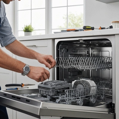 Professional technician repairing a high-end dishwasher