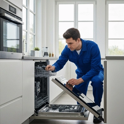 Professional technician inspecting a modern built-in dishwasher in a kitchen