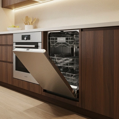 A clean modern kitchen with a shiny dishwasher open and ready for use