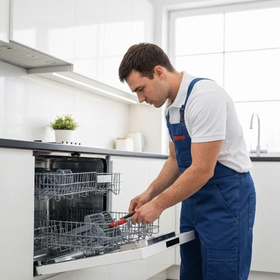 Professional technician repairing a modern built-in dishwasher in a bright kitchen