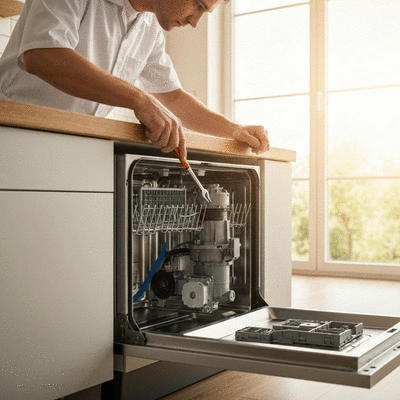 Professional technician inspecting dishwasher components