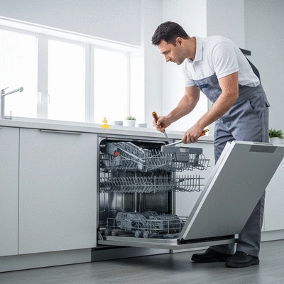 Professional technician examining a modern dishwasher interior with tools