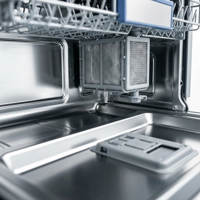 Close up of a clean dishwasher filter and spray arm being inspected
