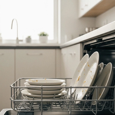 Close up of food residue on a white ceramic plate after a dishwasher cycle