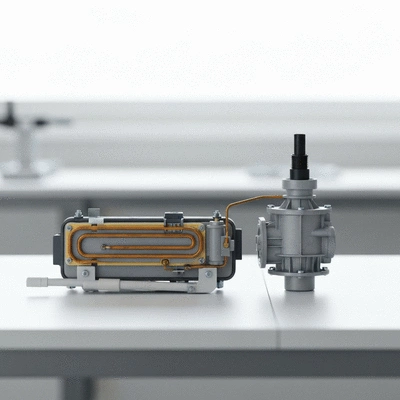 A close-up of a dishwasher heating element and pump assembly on a workbench