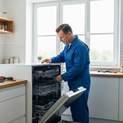 Professional technician inspecting a modern built-in dishwasher in a kitchen