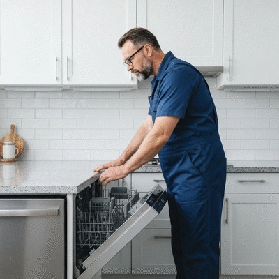Professional technician inspecting a modern built-in dishwasher in a clean kitchen