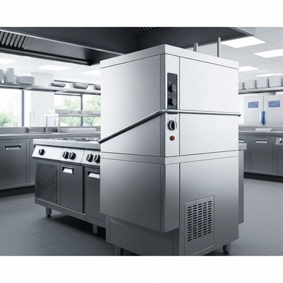 Modern stainless steel commercial dishwasher in a professional kitchen setting