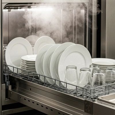Close up of clean sparkling dinnerware being removed from a commercial dishwasher