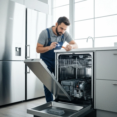 Professional technician inspecting a modern dishwasher with a flashlight