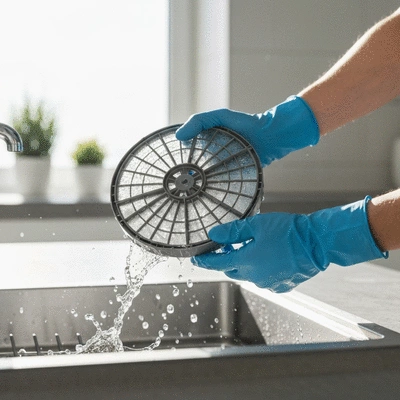 Person in a clean kitchen performing routine maintenance on a dishwasher filter