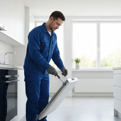 Professional technician repairing a modern built-in dishwasher in a kitchen