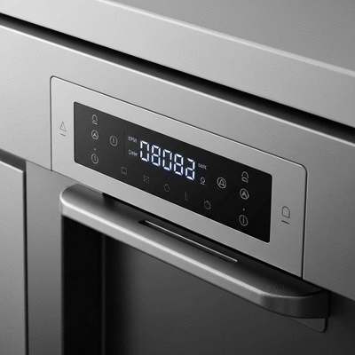 Close-up of a modern dishwasher control panel showing a digital error code