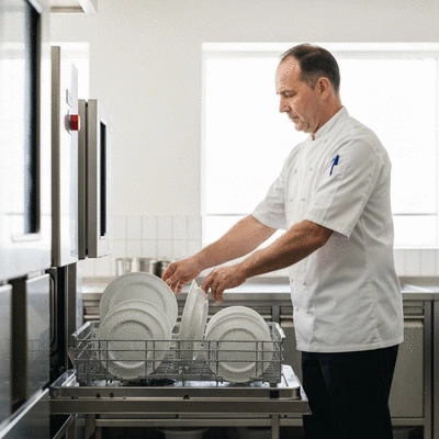 A professional kitchen worker loading a commercial dishwasher rack with clean plates