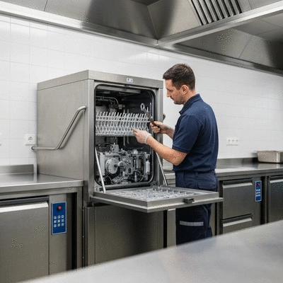 Professional technician inspecting a commercial dishwasher in a restaurant kitchen