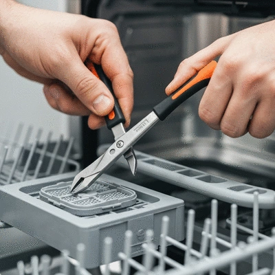 Close-up of a technician's hands using tools to fix a dishwasher component, lifestyle setting