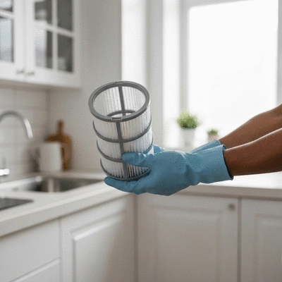 Technician hand cleaning a dishwasher filter
