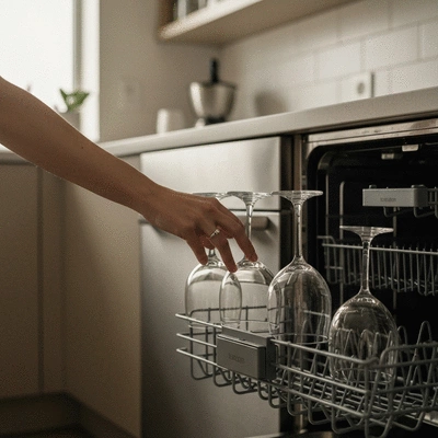 Clean modern kitchen with a high-end dishwasher being loaded with sparkling glassware