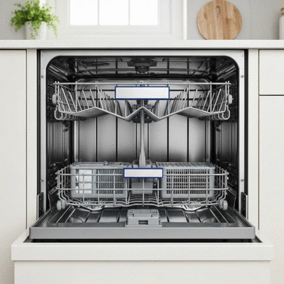Close up of a clean dishwasher filter and spray arm in a bright kitchen